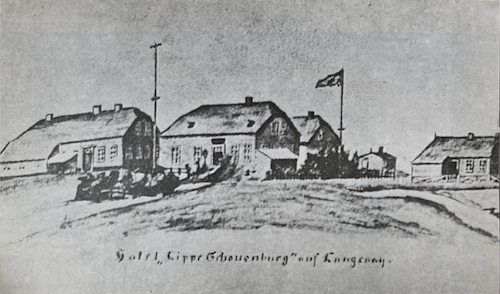 Gasthaus Schaumburg-Lippe mit Pensionshaus, Fährschifferhäuschen und erstem Warmbad vor 1880, Langeoog, Johann Adam Leiß